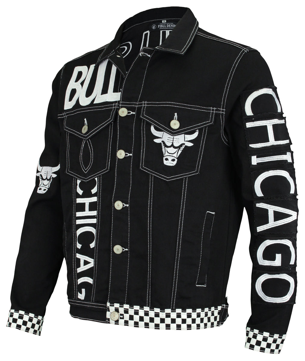 FISLL NBA Men's Chicago Bulls Moto Denim Jacket, Black – Fanletic
