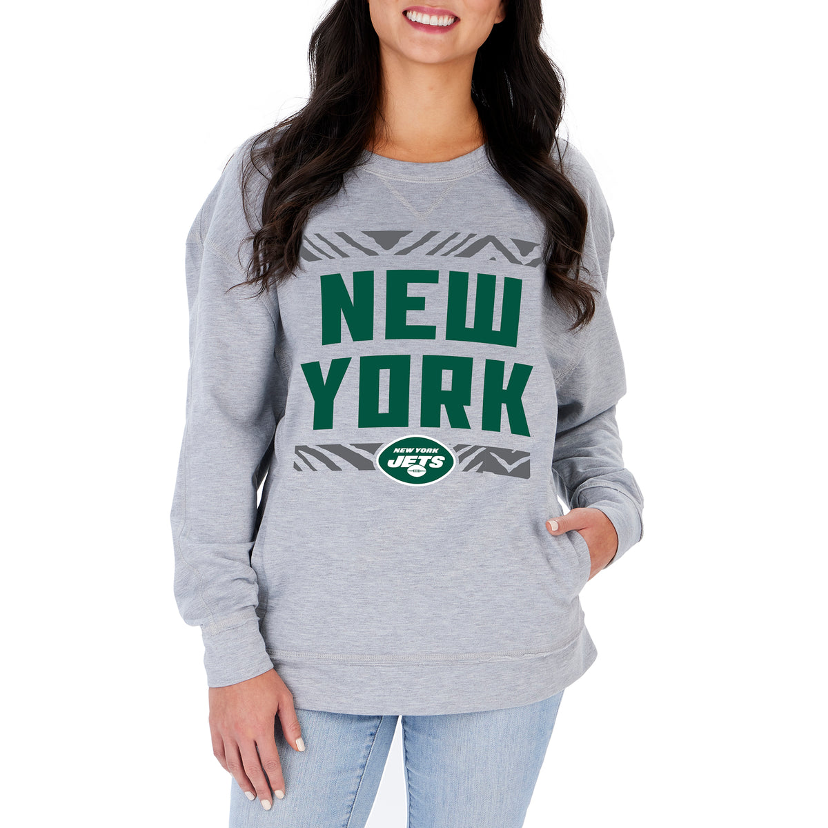 Zubaz NFL Women's New York Jets Heather Gray Crewneck Sweatshirt