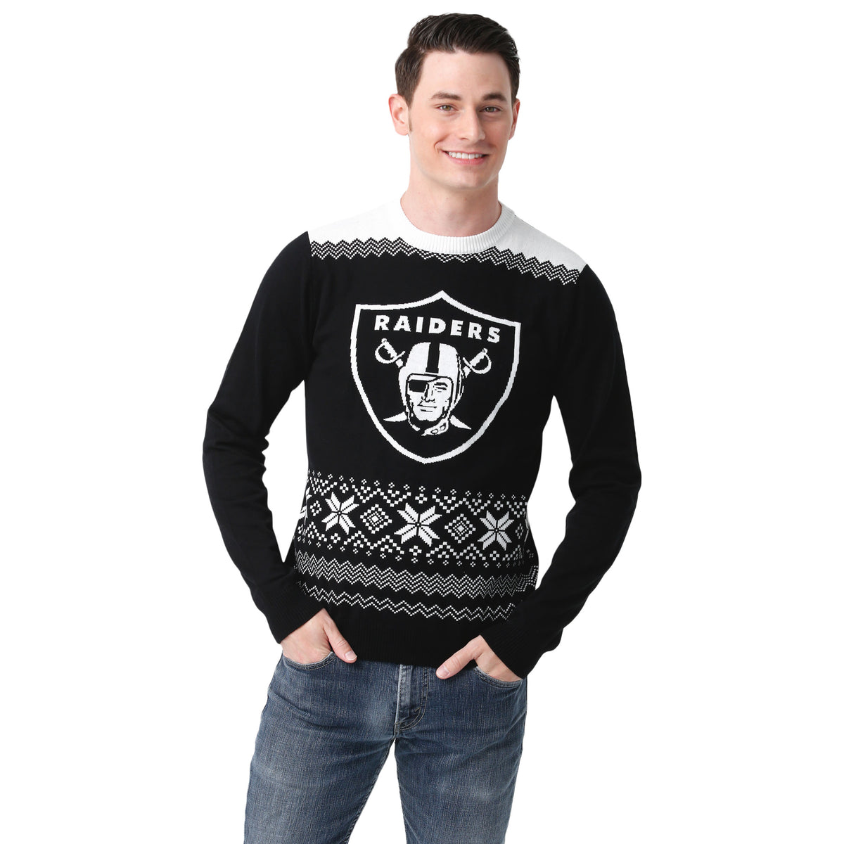 Las Vegas Raiders FOCO Women's Ugly V-Neck Pullover Sweater - White/Black