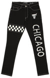 FISLL NBA Men's Chicago Bulls Denim Jeans with Checkered Pattern, Black