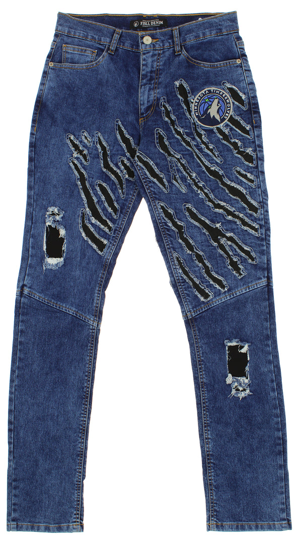 FISLL NBA Men's Minnesota Timberwolves Jeans with Distressed Claw Marks