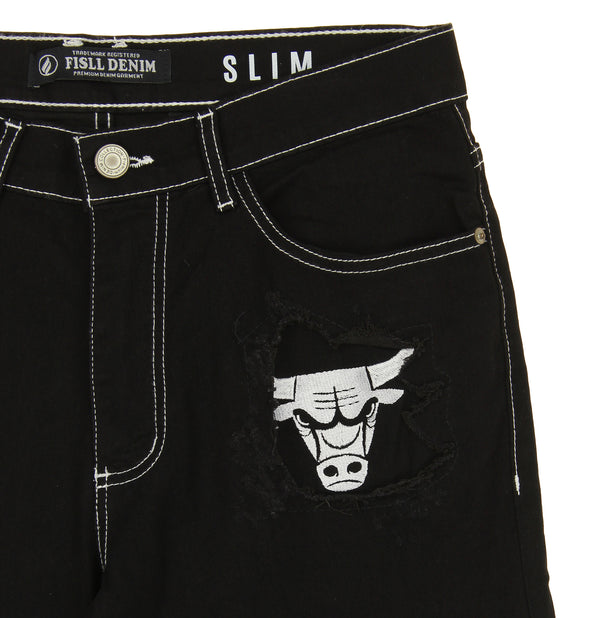 FISLL NBA Men's Chicago Bulls Denim Jeans with Checkered Pattern, Black