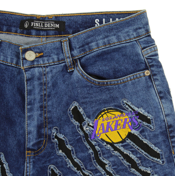 FISLL NBA Men's Los Angeles Lakers Jeans with Distressed Claw Marks