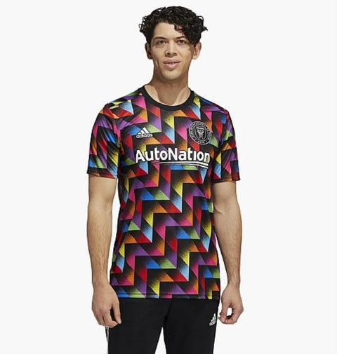 Adidas MLS Men's Inter Miami FC Pride Pre-Match Short Sleeve Jersey, Black/Multicolor