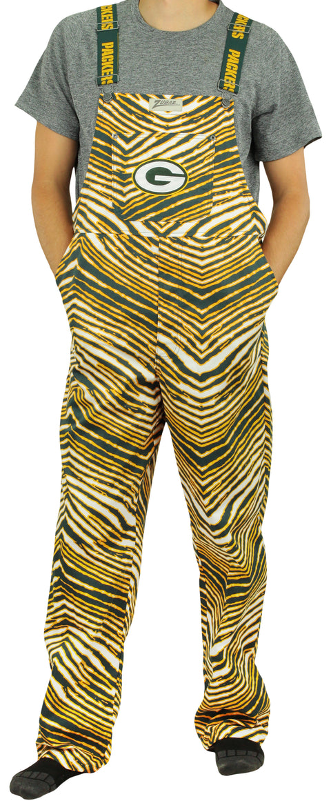 Zubaz NFL Unisex Zebra Lined Bib Overalls for Adult Men and Women, Green Bay Packers
