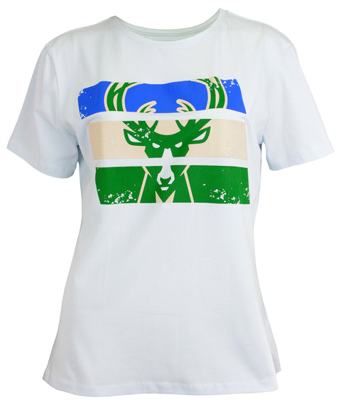 FISLL NBA Women's Milwaukee Bucks Stack Blockprint Tee, White