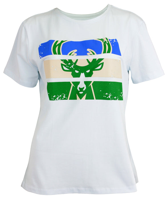FISLL NBA Women's Milwaukee Bucks Stack Blockprint Tee, White