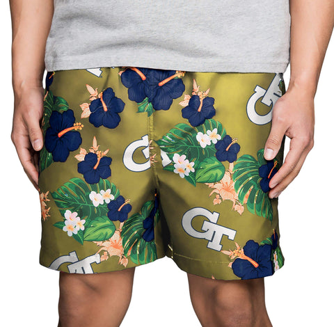 FOCO NCAA Georgia Tech Yellow Jackets Mens Team Logo Floral Hawaiian Swim Trunks, Team Color