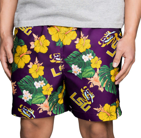 FOCO NCAA LSU Tigers Mens Team Logo Floral Hawaiian Swim Trunks, Team Color