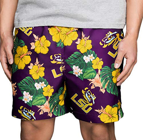 FOCO NCAA LSU Tigers Mens Team Logo Floral Hawaiian Swim Trunks, Team Color