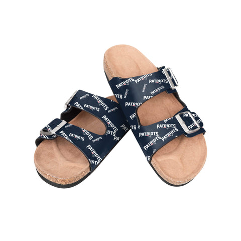 FOCO NFL New England Patriots Women's Mini Print Wordmark Adjustable Double Buckle Straps Sandals, Team Color