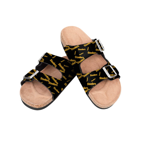 FOCO NFL Pittsburgh Steelers Women's Mini Print Wordmark Adjustable Double Buckle Straps Sandals, Team Color