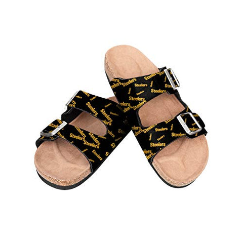 FOCO NFL Pittsburgh Steelers Women's Mini Print Wordmark Adjustable Double Buckle Straps Sandals, Team Color