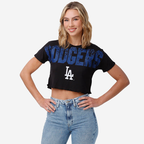 FOCO MLB Los Angeles Dodgers Womens Distressed Wordmark Crop Top