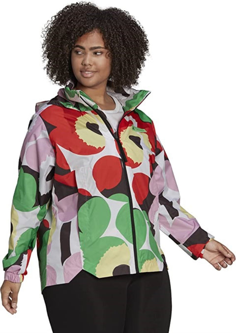 adidas Women's Marimekko Traveer Rain. Rdy Jacket (Plus Size), White/Blaze Orange