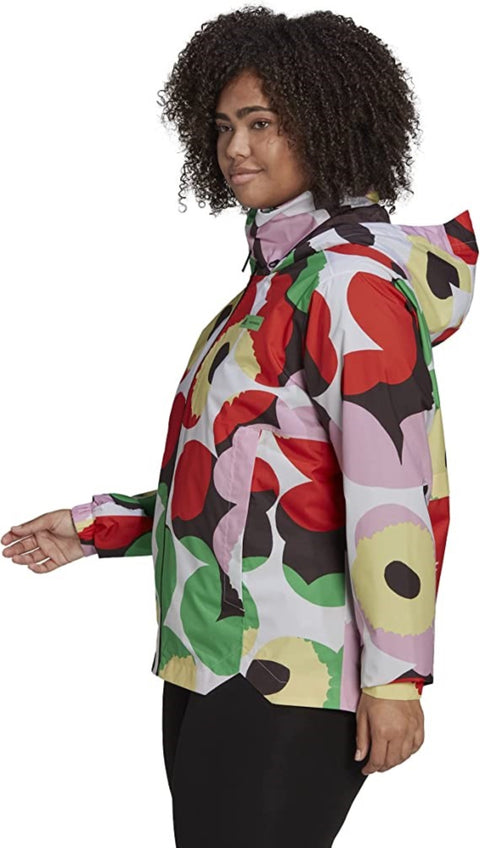 adidas Women's Marimekko Traveer Rain. Rdy Jacket (Plus Size), White/Blaze Orange