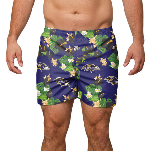 FOCO Mens Team Logo Floral Hawaiian Swimsuit Trunks, Baltimore Ravens, Team Color