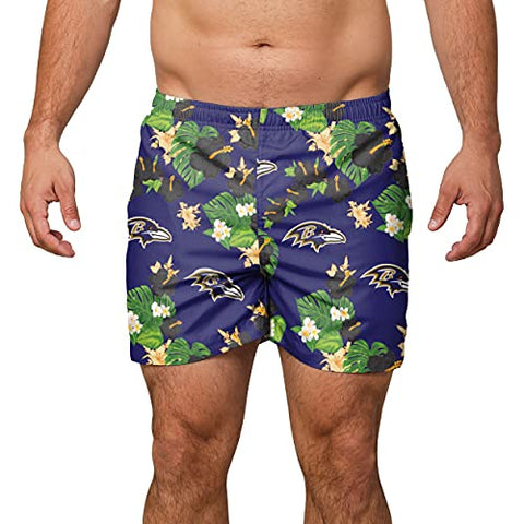 FOCO Mens Team Logo Floral Hawaiian Swimsuit Trunks, Baltimore Ravens, Team Color
