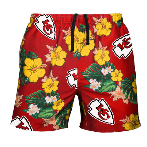 FOCO Mens Team Logo Floral Hawaiian Swimsuit Trunks, Kansas City Chiefs, Team Color