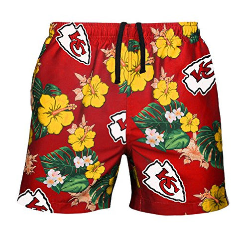 FOCO Mens Team Logo Floral Hawaiian Swimsuit Trunks, Kansas City Chiefs, Team Color