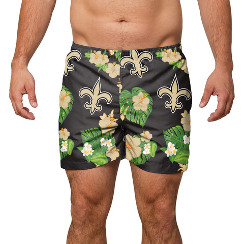 FOCO Mens Team Logo Floral Hawaiian Swimsuit Trunks, New Orleans Saints, Team Color