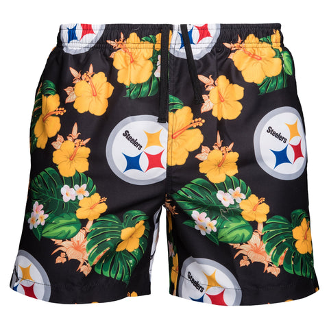 FOCO Mens Team Logo Floral Hawaiian Swimsuit Trunks, Pittsburgh Steelers, Team Color