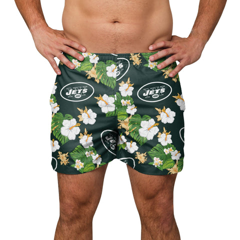 FOCO Mens Team Logo Floral Hawaiian Swimsuit Trunks, New York Jets, Team Color