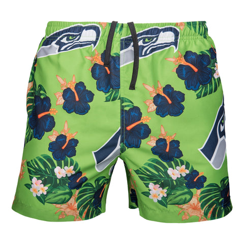 FOCO Mens Team Logo Floral Hawaiian Swimsuit Trunks, Seattle Seahawks, Team Color
