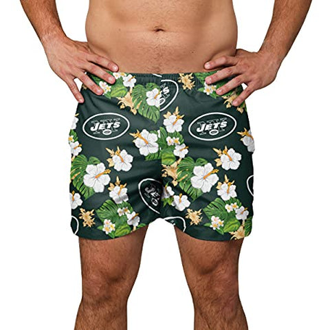 FOCO Mens Team Logo Floral Hawaiian Swimsuit Trunks, New York Jets, Team Color