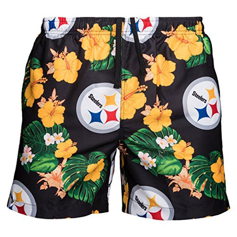 FOCO Mens Team Logo Floral Hawaiian Swimsuit Trunks, Pittsburgh Steelers, Team Color