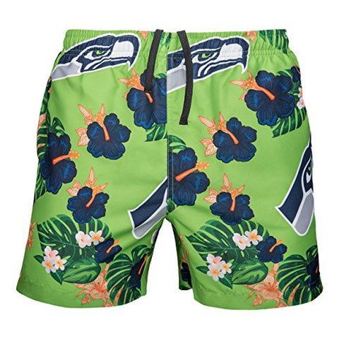 FOCO Mens Team Logo Floral Hawaiian Swimsuit Trunks, Seattle Seahawks, Team Color