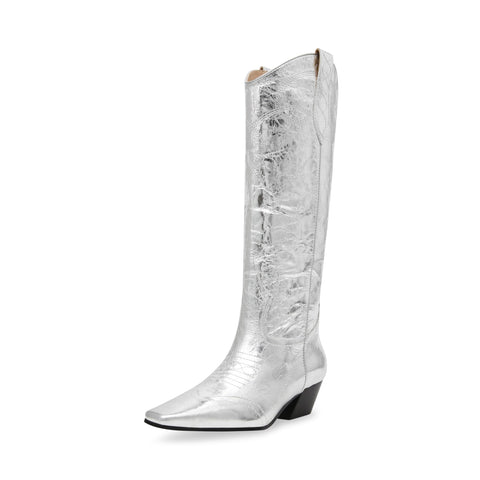 Steve Madden Women's Dollie Western Boot, Silver Leather