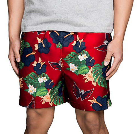 FOCO NHL Washington Capitals Mens Team Logo Floral Hawaiian Swim Suit Trunks, Team Color