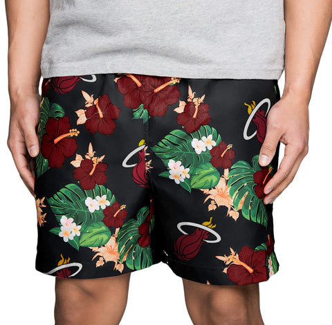 FOCO NBA Miami Heat Mens Team Logo Floral Hawaiian Swim Suit Trunks, Team Color