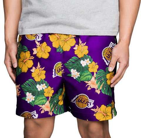 FOCO NBA Los Angeles Lakers Mens Team Logo Floral Hawaiian Swim Suit Trunks, Team Color