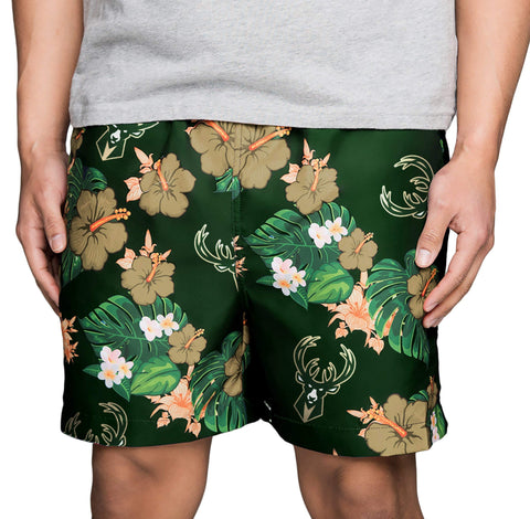FOCO NBA Milwaukee Bucks Mens Team Logo Floral Hawaiian Swim Suit Trunks, Team Color