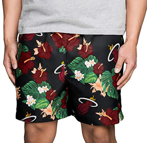 FOCO NBA Miami Heat Mens Team Logo Floral Hawaiian Swim Suit Trunks, Team Color