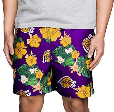 FOCO NBA Los Angeles Lakers Mens Team Logo Floral Hawaiian Swim Suit Trunks, Team Color