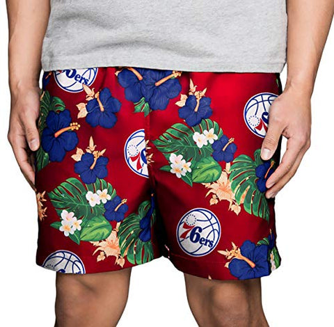 FOCO NBA Philadelphia 76ers Mens Team Logo Floral Hawaiian Swim Suit Trunks, Team Color