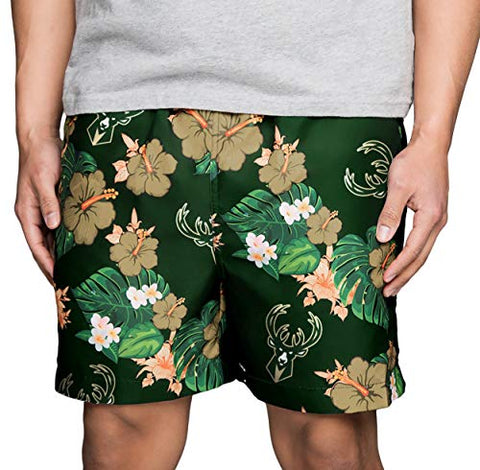 FOCO NBA Milwaukee Bucks Mens Team Logo Floral Hawaiian Swim Suit Trunks, Team Color