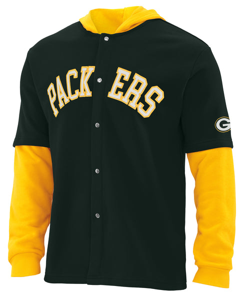 FOCO NFL Green Bay Packers SMU Long Sleeve Wordmark Button Up With Hood - Mens