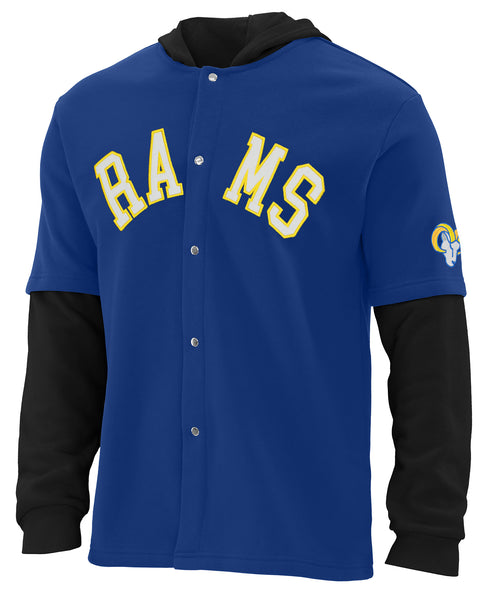 FOCO NFL Los Angeles Rams SMU Long Sleeve Wordmark Button Up With Hood - Mens Team Color