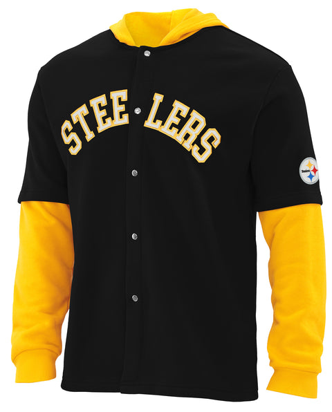 FOCO NFL Pittsburgh Steelers SMU Long Sleeve Wordmark Button Up With Hood - Mens Team Color