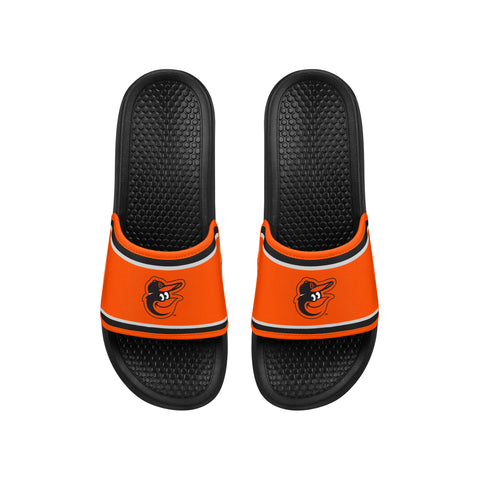 FOCO MLB Printed Team Logo and Color Stripes Comfortable Slide Sandals, Baltimore Orioles