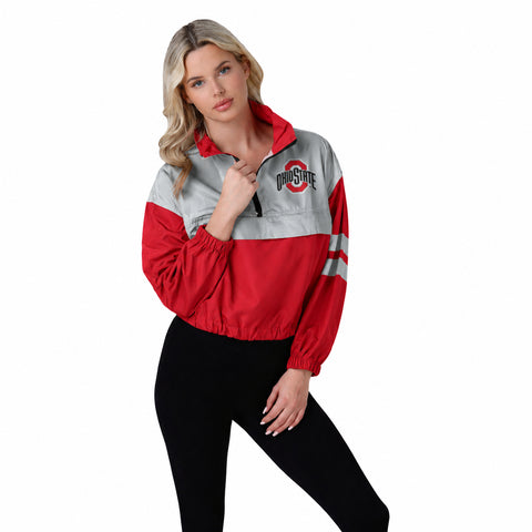 FOCO NCAA Women's College Team Winning Play, Half Zip, Windbreaker Jacket, Ohio State Buckeyes