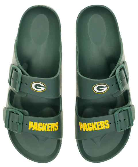 FOCO NFL Team Logo Double Buckle Comfortable Slip-On Women's Sandals, Green Bay Packers