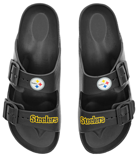 FOCO NFL Team Logo Double Buckle Comfortable Slip-On Women's Sandals, Pittsburgh Steelers