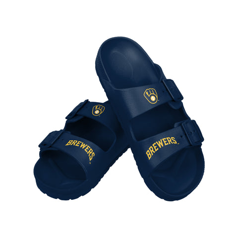 FOCO MLB Team Logo Double Buckle Comfortable Slip-On Women's Sandals, Milwaukee Brewers