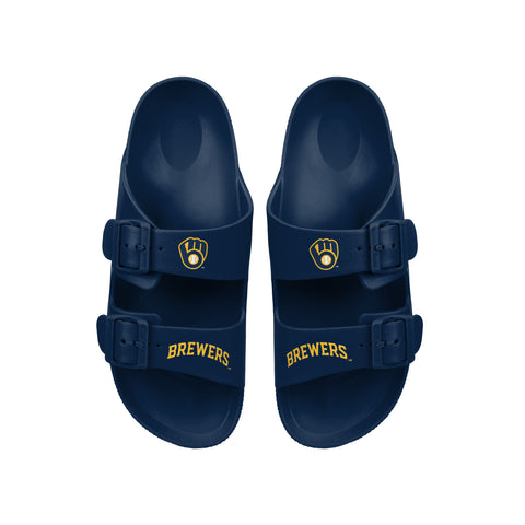 FOCO MLB Team Logo Double Buckle Comfortable Slip-On Women's Sandals, Milwaukee Brewers