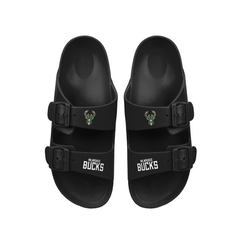FOCO NBA Team Logo Double Buckle Comfortable Slip-On Women's Sandals, Milwaukee Bucks
